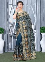 Vichitra Blooming Silk Morpeach Festival Wear Zari Embroidery Work Saree